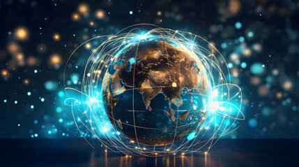 Naklejka premium Global communication network concept. Environmental technology. Sustainable development goals. Generative Ai.