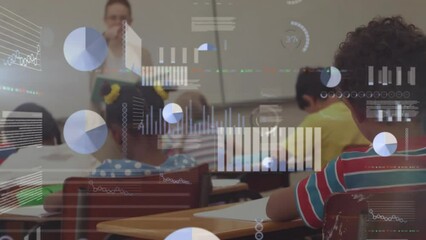 Animation of graphs, trading board, diverse female teacher pointing and asking question to students - Powered by Adobe