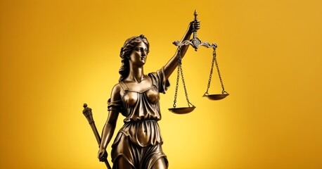 statue of justice isolated in yellow background, copy space
