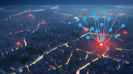 Searching location on map and pin above blue tone city scape and network connection, internet of things, satellite navigation system concept. Generative Ai.