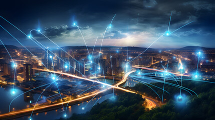 Smart city and communication network concept. 5G. IoT (Internet of Things). Telecommunication. Generative Ai. - obrazy, fototapety, plakaty
