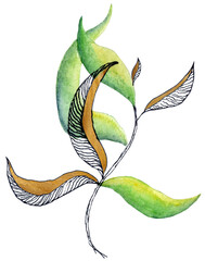 Illustration of a twig with green watercolor leaves and gold