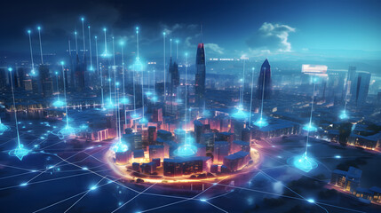Fototapeta premium Smart city and communication network concept. 5G. IoT (Internet of Things). Telecommunication. Generative Ai.