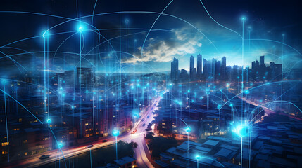 Obraz premium Smart city and communication network concept. 5G. IoT (Internet of Things). Telecommunication. Generative Ai.