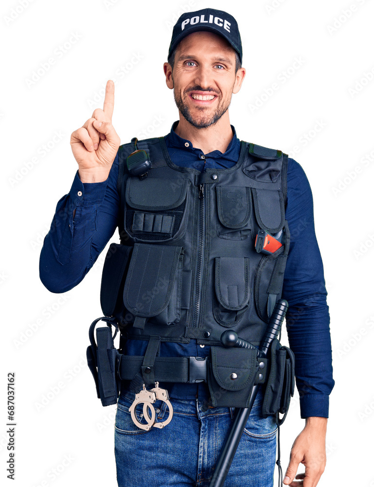 Canvas Prints young handsome man wearing police uniform pointing finger up with successful idea. exited and happy.