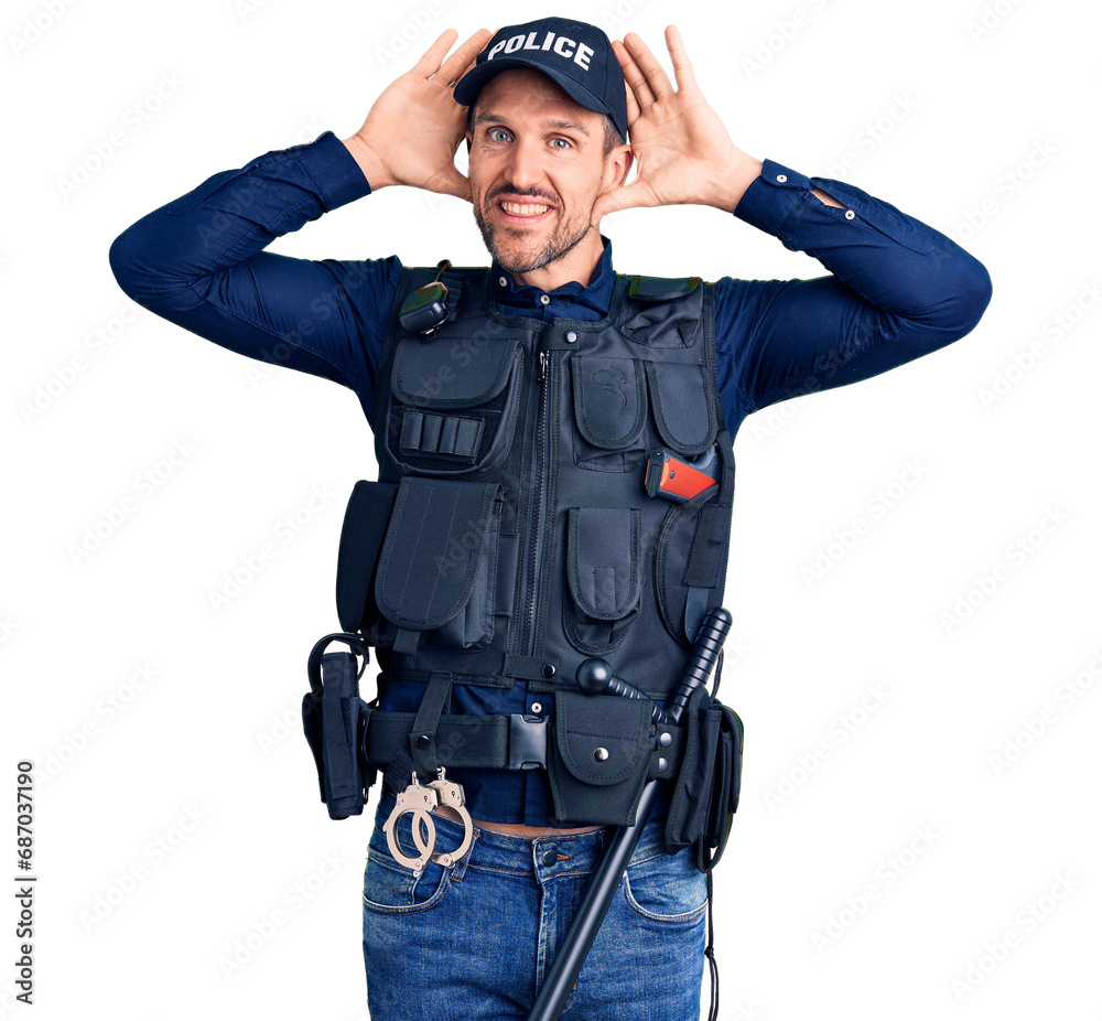 Sticker Young handsome man wearing police uniform smiling cheerful playing peek a boo with hands showing face. surprised and exited