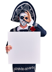 Young man wearing day of the dead costume holding blank empty banner smiling happy doing ok sign with hand on eye looking through fingers