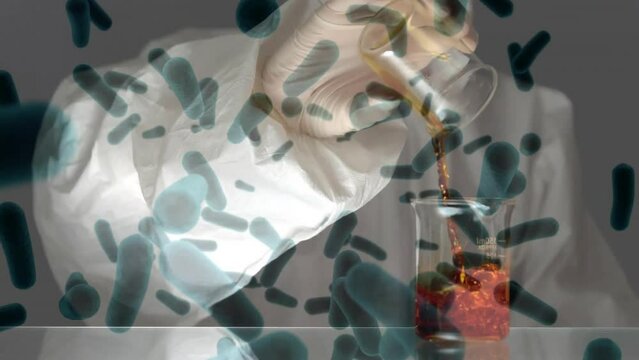 Animation of blood cells over caucasian scientist pouring liquid in beakers at laboratory