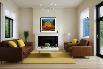 Interior design mockup with picture frame on a Wall. Living room in colors with sofa and painting.