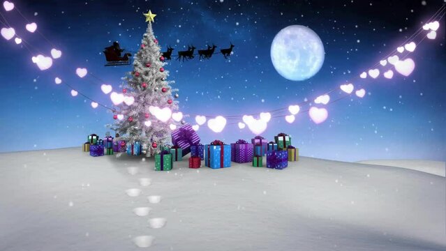 Animation of lights, snowfall on gift boxes and decorated christmas tree, santa riding sleigh