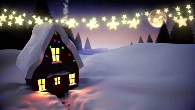 Animation of star lights, smoke from chimney of house on snow covered land against trees and sky