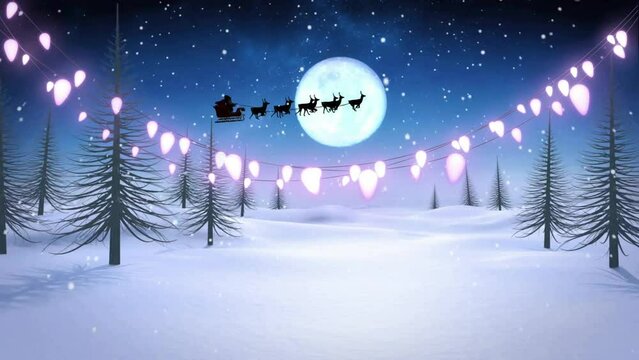 Animation of lights, snow fall, trees on snow covered land, santa riding sleigh, moon in sky
