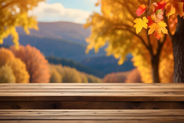 Naklejka na ściany i meble autumn in the park on empty wooden table 