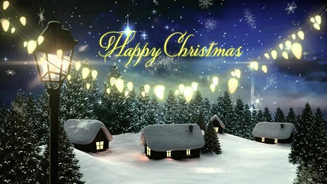 Animation of lamp, lights, happy christmas text, snowflakes, snow covered house against stars in sky