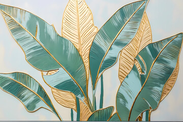 Décor tropical avec feuilles vertes et dorées - obrazy, fototapety, plakaty