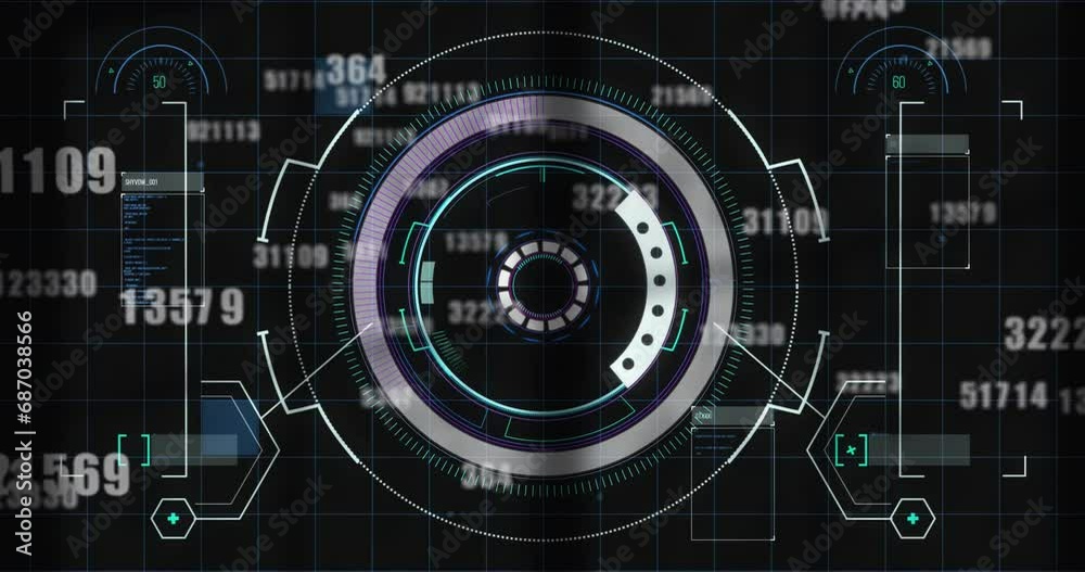 Poster animation of loading circles, computer language over falling changing numbers on black background