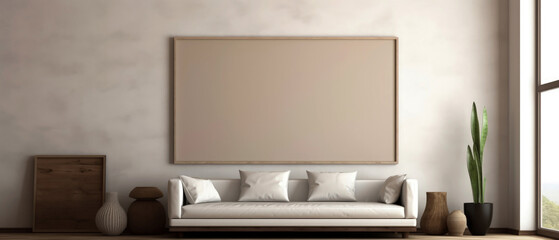 Minimal beige interior mockup with empty frame for text. Contemporary apartment scene, room with furniture. Sunlight and shadow effect. Template for banner. Generative ai