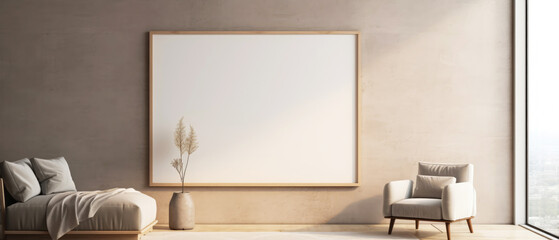Minimal beige interior mockup with empty frame for text. Contemporary apartment scene, room with furniture. Sunlight and shadow effect. Template for banner. Generative ai