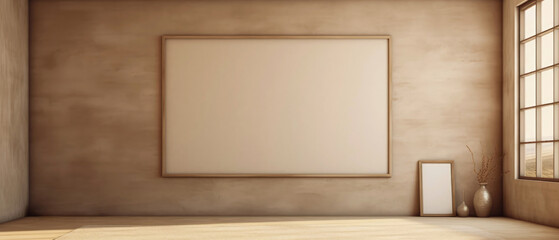 Fototapeta na wymiar Minimal beige interior mockup with empty frame for text. Contemporary apartment scene, room with furniture. Sunlight and shadow effect. Template for banner. Generative ai