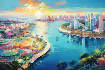 oil painting on canvas, Singapore cityscape at dusk. Landscape of Singapore business building around Marina bay. Modern high building in business district area at sunrise - obrazy, fototapety, plakaty