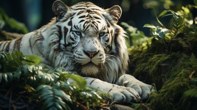 A white tiger with black stripes lying down in a wood