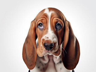 Close-up portrait of a purebred Basset Hound puppy. Isolated on a white background.