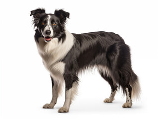 Close-up full-length portrait of a purebred Border Collie Sheepdog. Isolated on a white background.