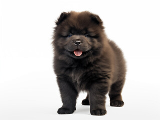 Close-up full-length portrait of a purebred Chow Chow puppy. Black color. Isolated on a white background.