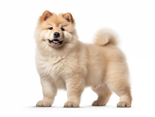Close-up full-length portrait of a purebred Chow Chow puppy. Cream color. Isolated on a white background.