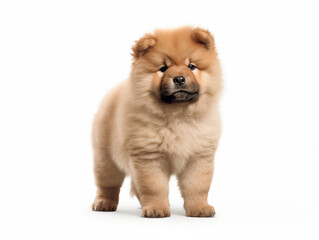 Close-up full-length portrait of a purebred Chow Chow puppy. Red color. Isolated on a white background.