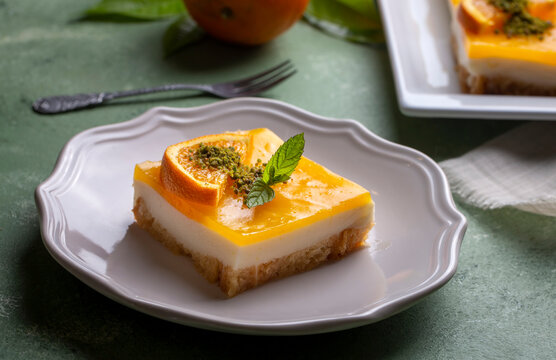 A delicious Turkish dessert; Etimek dessert with orange, orange cake, orange milk cake (Turkish name; Portakalli etimek tatlisi)