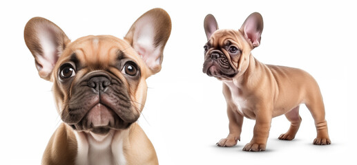 Close-up full-length portrait of a purebred French bulldog puppy. Cream or fawn color.Isolated on a white background.