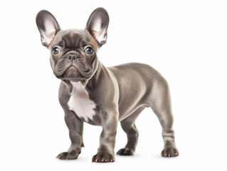 Close-up full-length portrait of a purebred French bulldog puppy. Blue suit. Isolated on a white background.