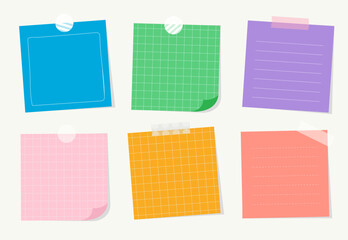 Bundle of pastel cute colorful paper note. Blank sticky note for message. Piece of different colored memo note template for reminder, announcement, advertising, information. Flat vector illustration.