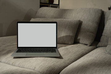 Laptop computer with blank screen on comfortable sofa in sunlight shadows. Minimal modern styled...