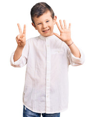 Cute blond kid wearing elegant shirt showing and pointing up with fingers number seven while...