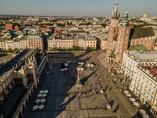 Aerial view of the buildings around the Main Market Square in Krakow on a sunny,summer day.