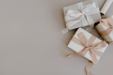 Christmas, New Year composition. Winter holidays gift boxes with bows and ribbons. Festive...