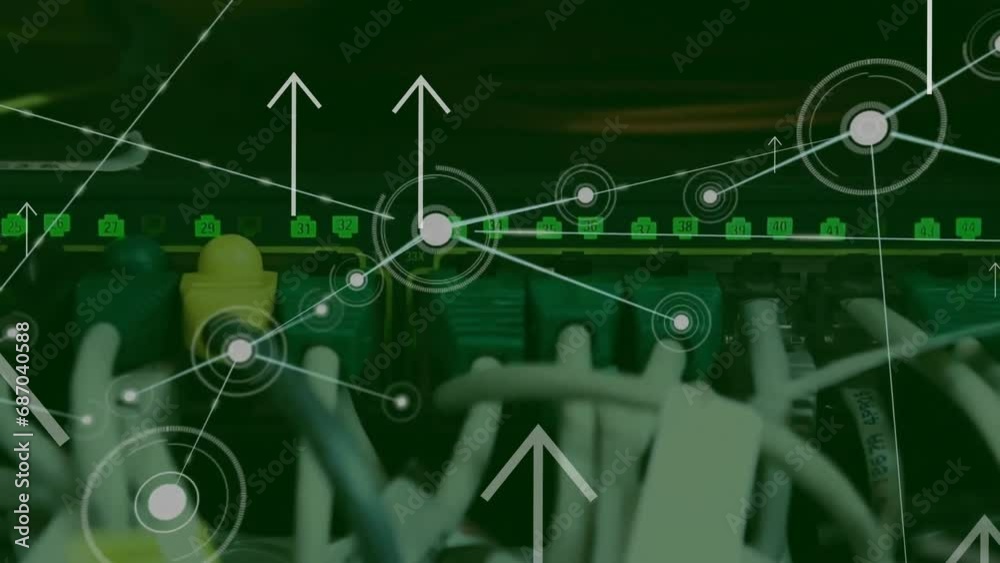 Poster animation of up arrow and connected dots over close up of wires attached to modem
