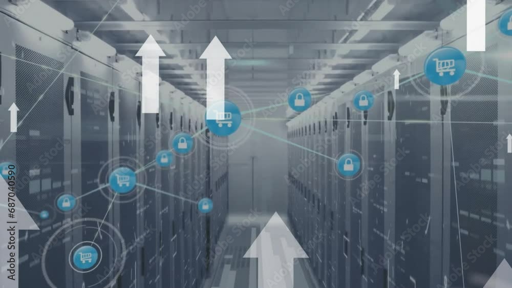 Poster Animation of up arrows and connected icons over bars on data server racks in server room