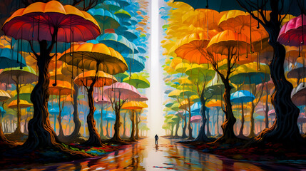 Allée bordée d'arbres en forme de parapluies colorés, scène surréaliste illustrant les sentiments