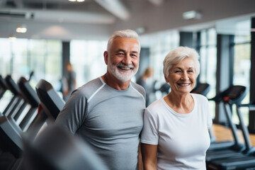 Cheerful smiling senior couple in grey sports attire in modern gym with gym's equipment in...