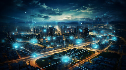 Telecommunication and communication network on city.Smart city development concept. Generative Ai.