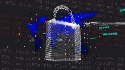 Animation of padlock, letters, numbers, symbols, trading board and map over black background - Powered by Adobe