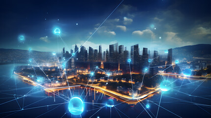 Fototapeta na wymiar Telecommunication and communication network on city.Smart city development concept. Generative Ai.