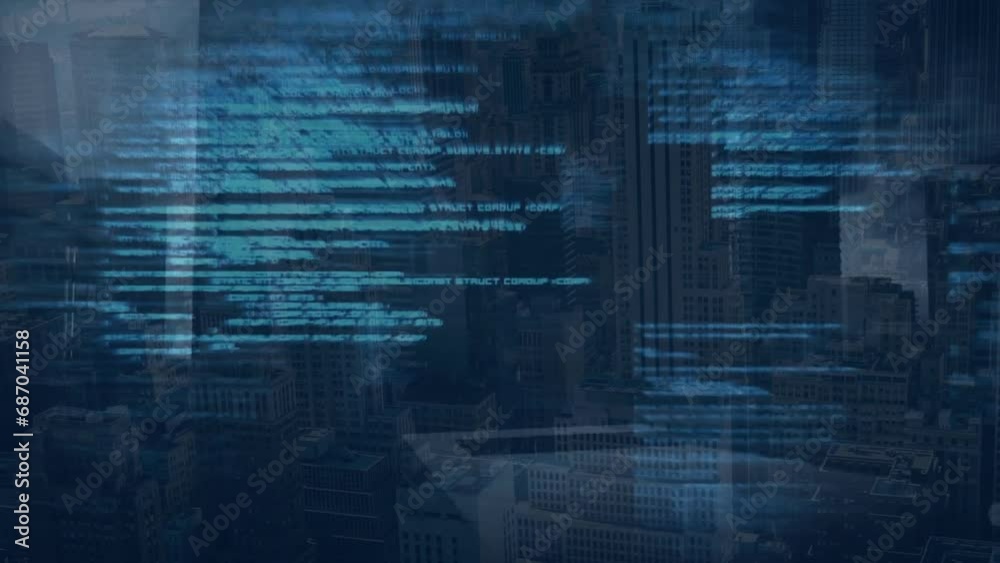 Poster animation of programming language moving over modern buildings