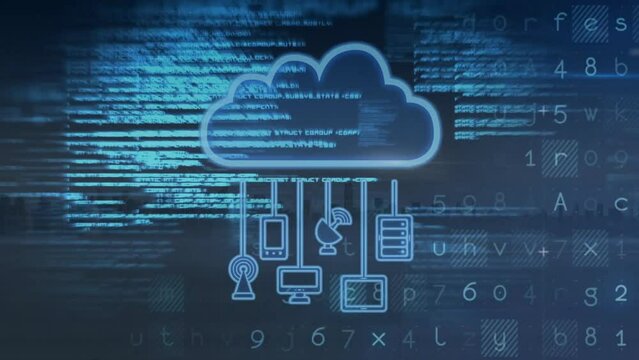 Animation of computer language and cloud with icons over modern buildings