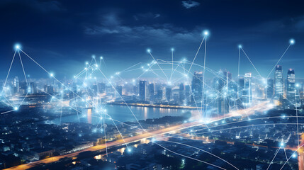 Wireless network and Connection technology concept with Abstract Bangkok city background in panorama view. Generative Ai.