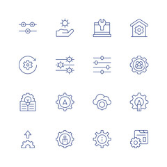 Settings line icon set on transparent background with editable stroke. Containing controls, work in progress, idea, upload, settings, setting, cloud settings, teamwork, gear.