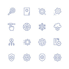 Settings line icon set on transparent background with editable stroke. Containing search, configuration, admin, shield, settings, connection, cloud computing, setting, gear.